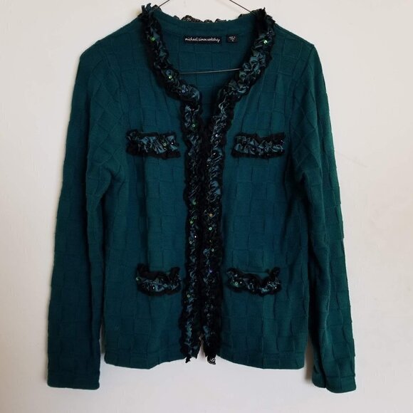 NEW Michael Simon 3D Check Pattern Beaded Cardigan - Picture 3 of 13